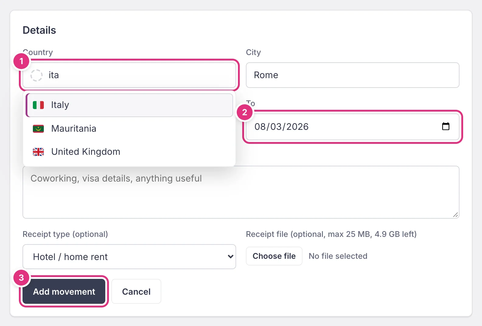The New movement form: after typing "ita" in Country, the list offers Italy, Mauritania and United Kingdom; numbered markers point at Country, the To date and the Add movement button