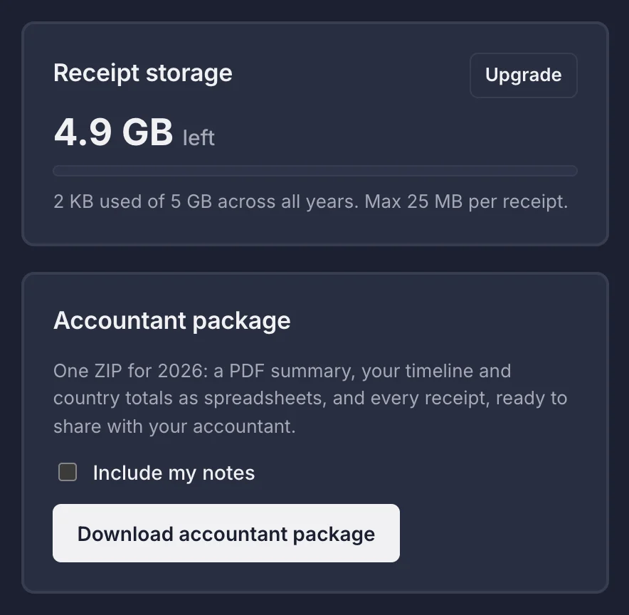 The Accountant package card with the Include my notes box and the Download accountant package button, under the Receipt storage card