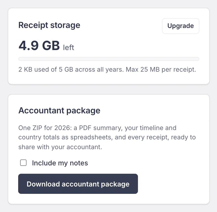 The Accountant package card with the Include my notes box and the Download accountant package button, under the Receipt storage card
