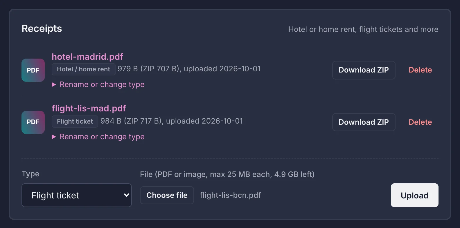 The Receipts card of a movement: a type menu set to Flight ticket, a chosen file named flight-lis-bcn.pdf and the Upload button, above two saved receipts