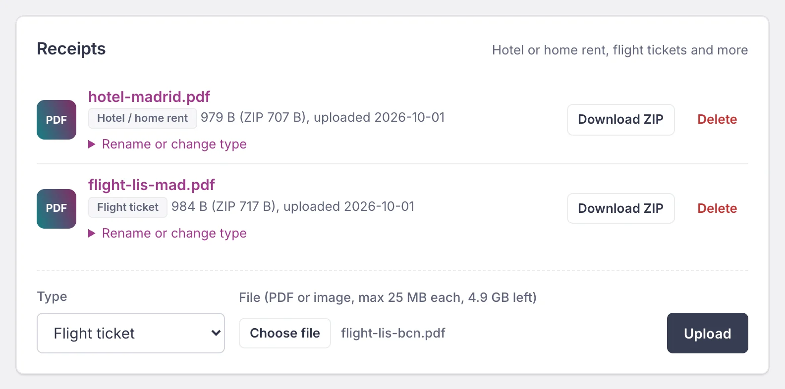The Receipts card of a movement: a type menu set to Flight ticket, a chosen file named flight-lis-bcn.pdf and the Upload button, above two saved receipts
