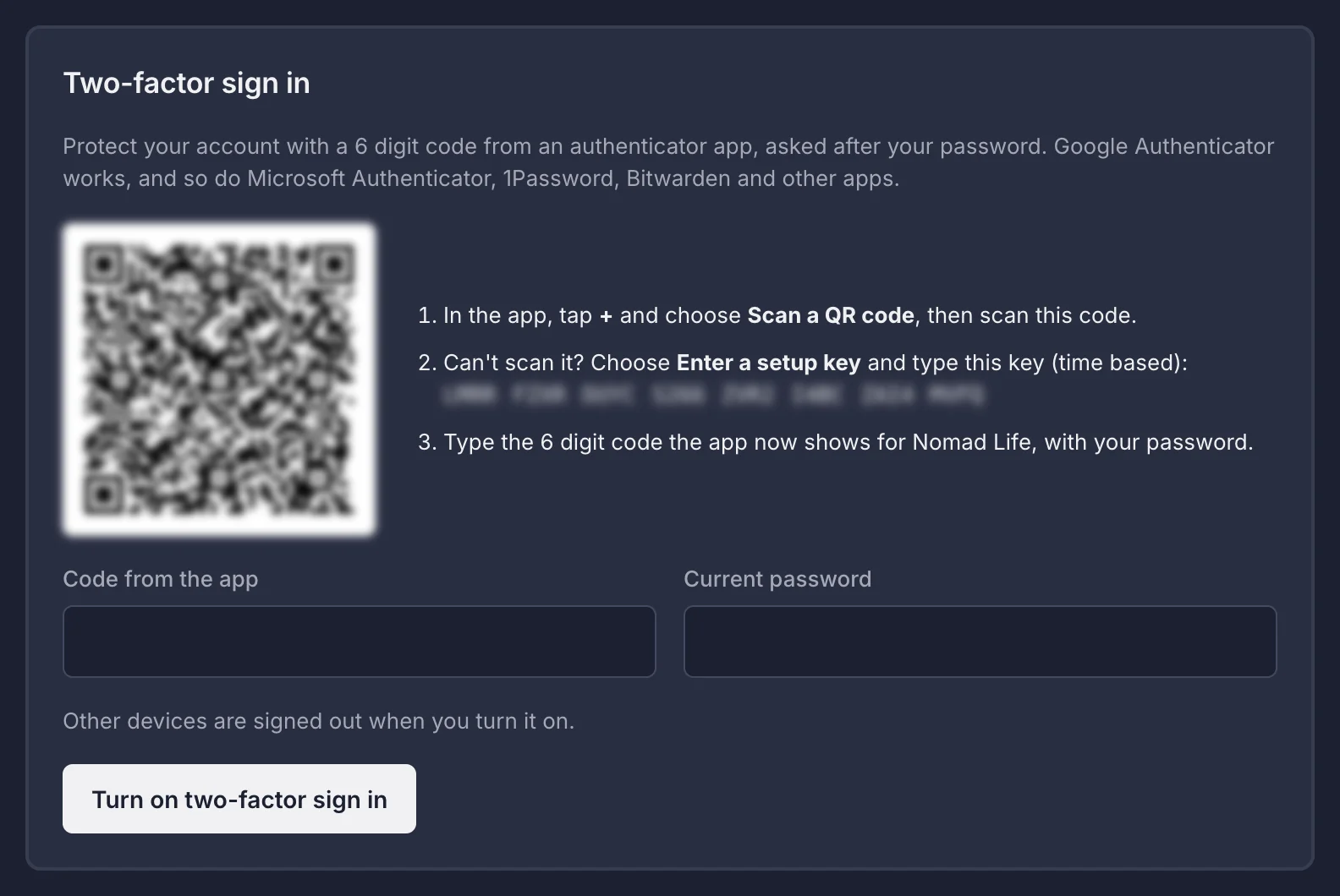 The Two-factor sign in card with a QR code (blurred here), three setup steps, the Code from the app and Current password fields and the Turn on two-factor sign in button