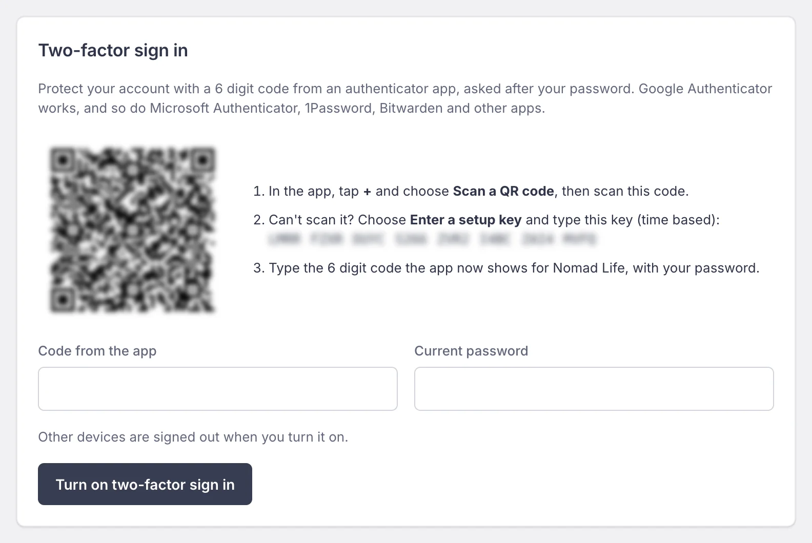The Two-factor sign in card with a QR code (blurred here), three setup steps, the Code from the app and Current password fields and the Turn on two-factor sign in button
