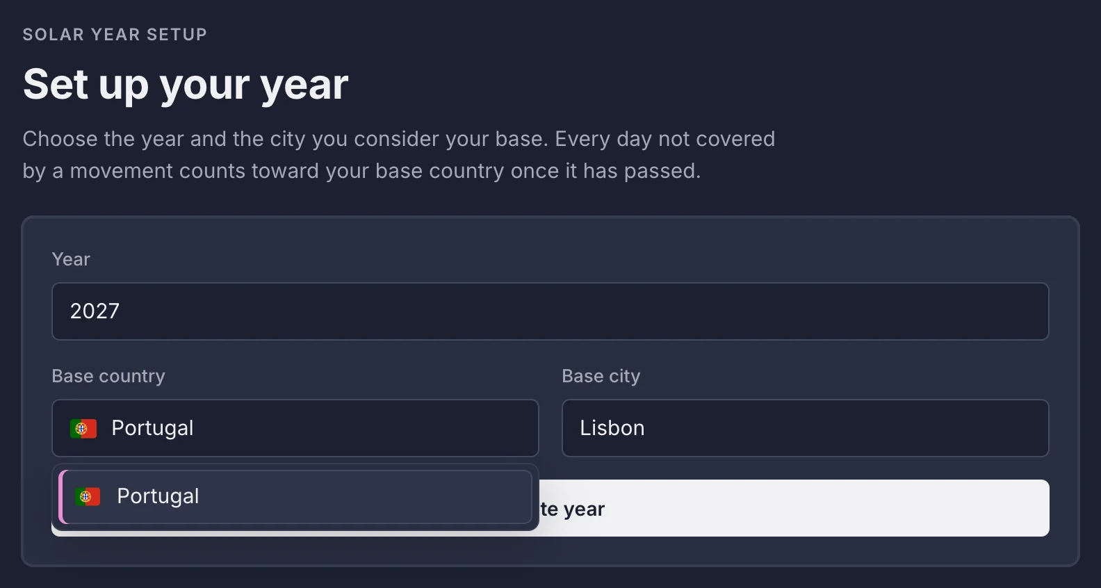 The Set up your year form with Year 2027, Base country Portugal and Base city Lisbon filled in