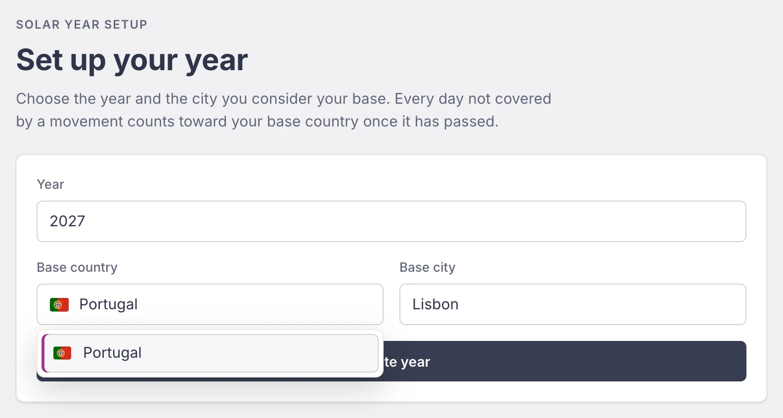 The Set up your year form with Year 2027, Base country Portugal and Base city Lisbon filled in